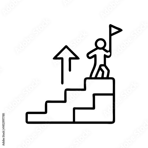 Upwards arrow and person icon, outline design, career success and advancement symbol