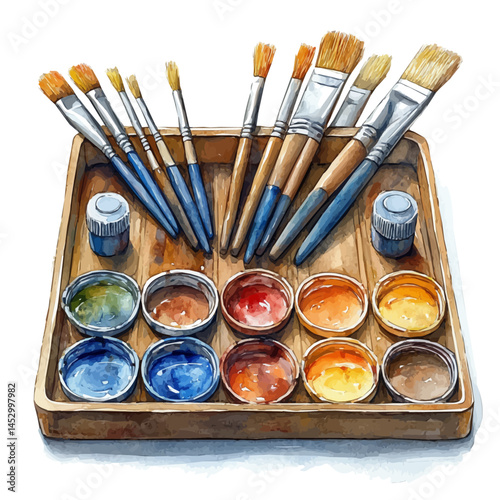 watercolor of Artists Palette With Mixing Brushes, vector, isolated on a white background.