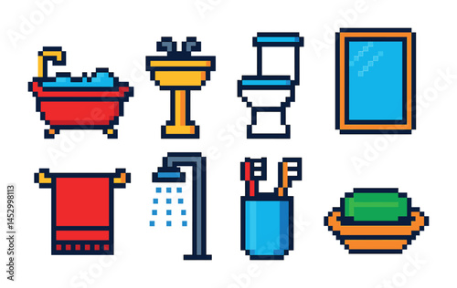 Bathroom essentials pixel art icons set – plumbing, hygiene, bathroom symbols