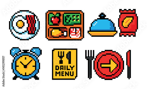 Food and dining pixel art icons set – retro, culinary, meal planning symbols