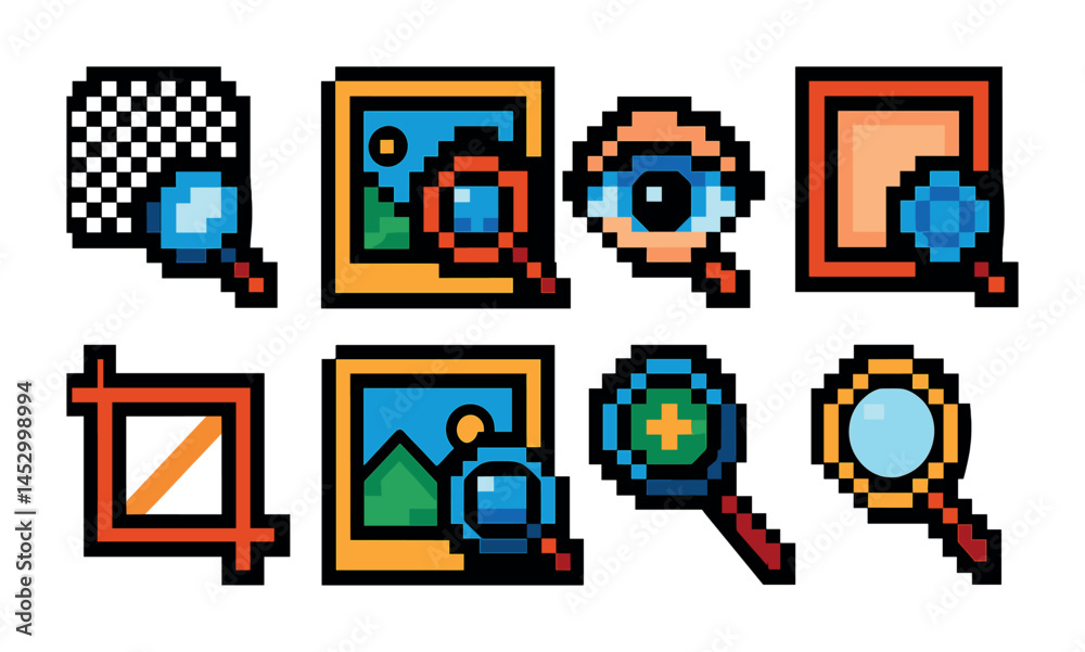 Image editing pixel art icons set – outline, retro, digital design tools