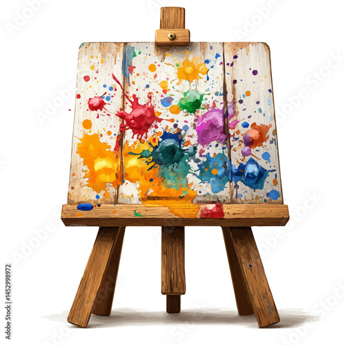 Artists Easel With Colorful Paint Splatters, vector watercolor illustration, isolated on a white background.
