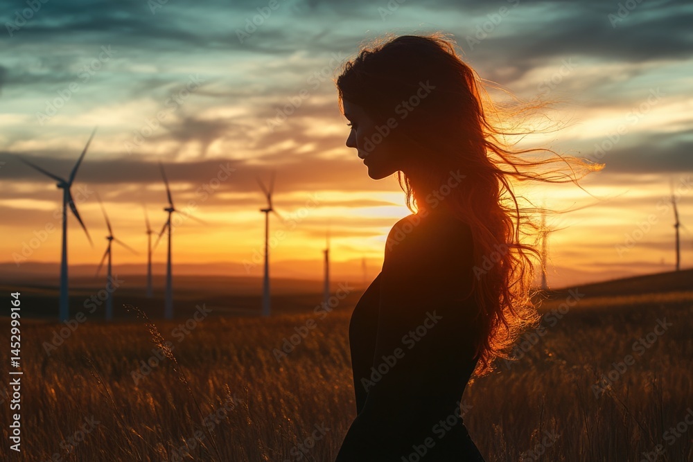 Fototapeta premium Silhouette of a woman with flowing hair, set against a sunset landscape with wind turbines in the background.