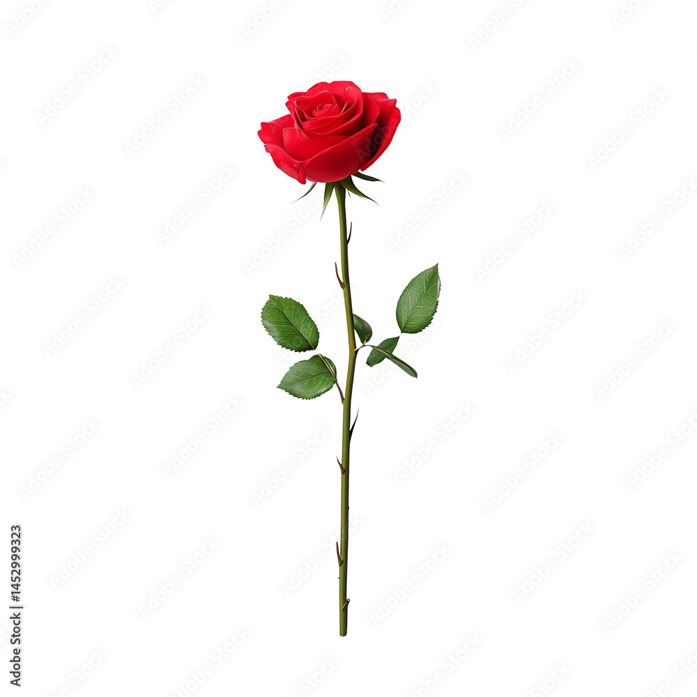 Single Red Rose: A single, classic red rose, symbolic of love, passion, and beauty, isolated against a white background. This image is perfect for projects related to romance, affection. Single Red Rose: A single, classic red rose, symbolic of love, passion, and beauty, isolated against a white background. This image is perfect for projects related to romance, affection.