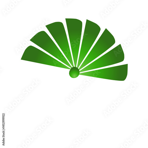 Abstract radiating design featuring vibrant green segments and central sphere