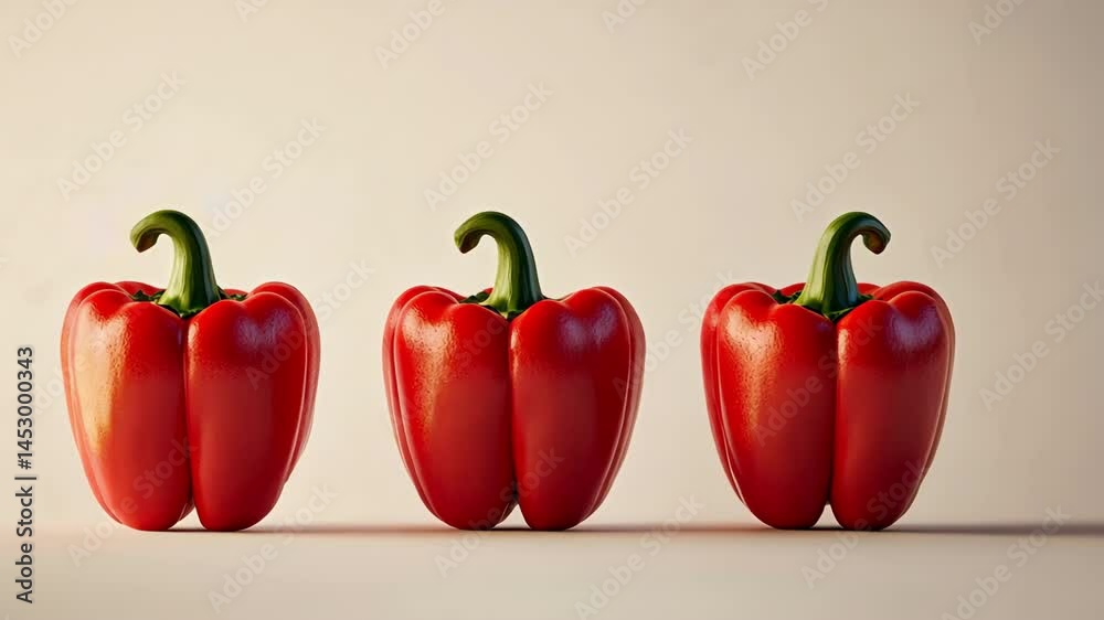 Three vibrant red bell peppers in a row