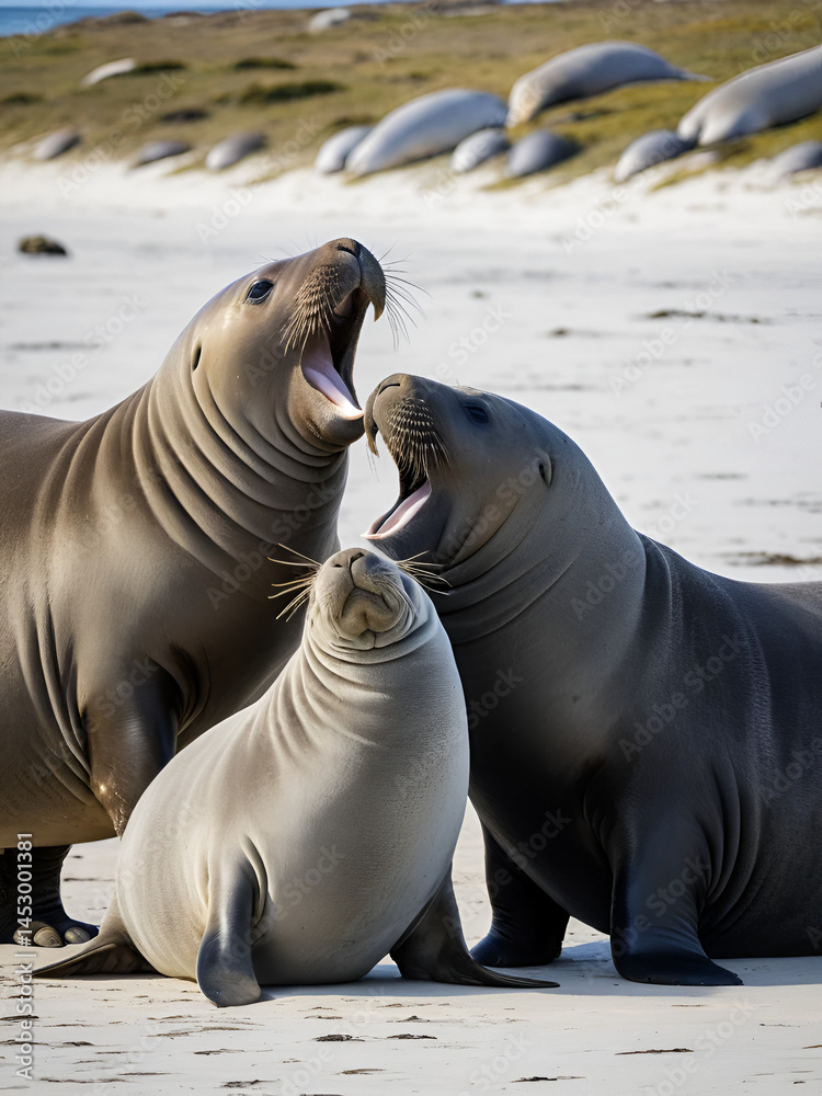 Fototapeta premium Dominant male Southern Elephant Seal (Mirounga leonina) fights with a rival for control of a large harem of females during the breeding season on Sea Lion Island in the Falkland Islands.