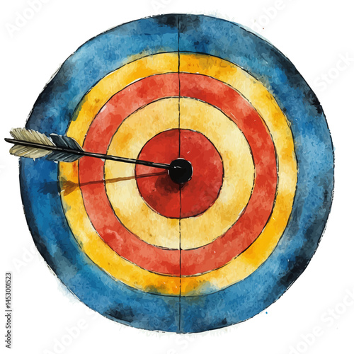 Archery Target With Arrows Hitting The Bullseye, watercolor vector, isolated on a white background.