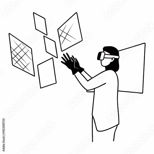 Minimalist Line Art Illustration Depicting a Person Interacting with Holographic Elements via VR Technology.