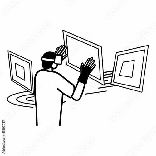 Minimalist Line Art Illustration Depicting a Person Interacting with Holographic Elements via VR Technology.