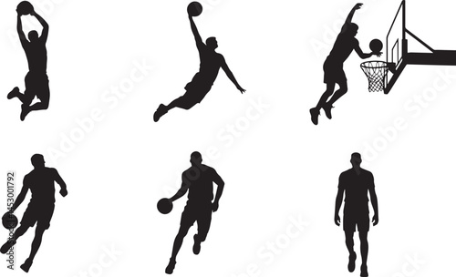 Basketball Player silhouette set vector illustration isolated On Transparent Background