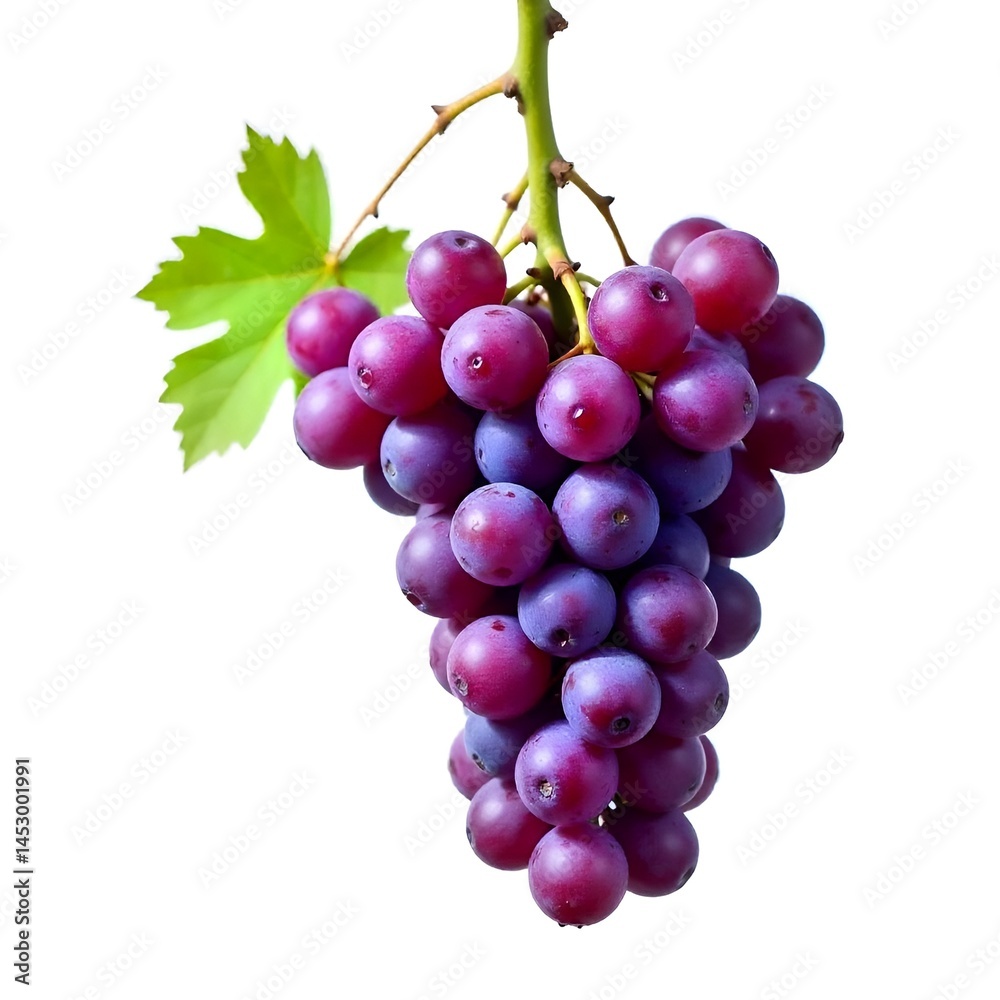 Vibrant Bunch of Purple Grapes with Leaf on White Background Vibrant Bunch of Purple Grapes with Leaf on White Background