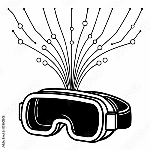 Elegant Line Art Design with VR Goggles and Floating Data Streams, Ideal for Technology Startups and Innovation.