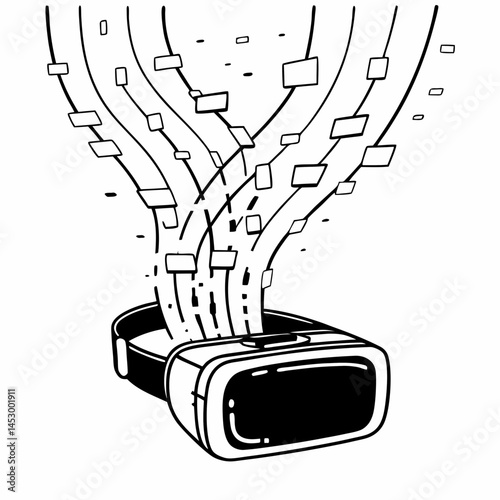 Elegant Line Art Design with VR Goggles and Floating Data Streams, Ideal for Technology Startups and Innovation.