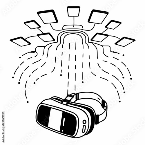 Elegant Line Art Design with VR Goggles and Floating Data Streams, Ideal for Technology Startups and Innovation.