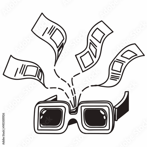 Elegant Line Art Design with VR Goggles and Floating Data Streams, Ideal for Technology Startups and Innovation.
