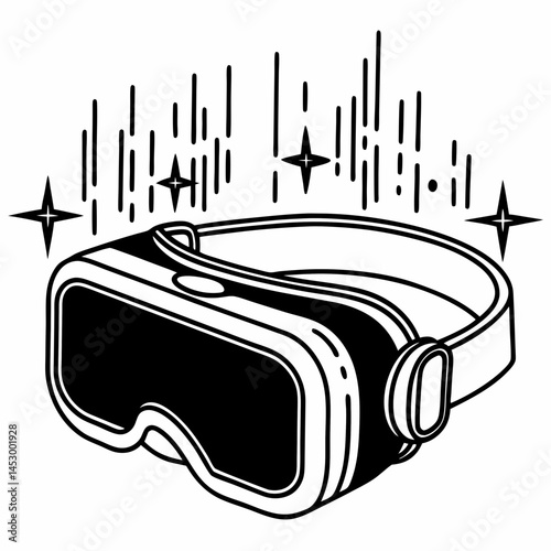 Elegant Line Art Design with VR Goggles and Floating Data Streams, Ideal for Technology Startups and Innovation.
