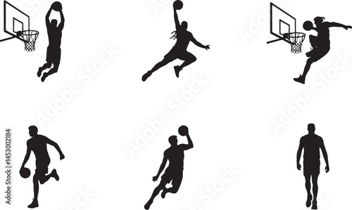 Basketball Player silhouette set vector illustration isolated On Transparent Background