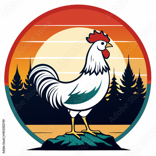 Retro Rooster Illustration Against Sunset Landscape