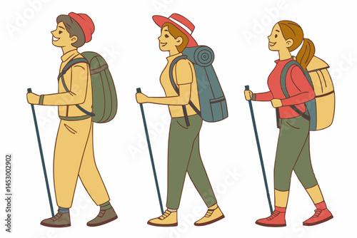 Happy Hikers Trekking on a Hiking Trail with Backpacks