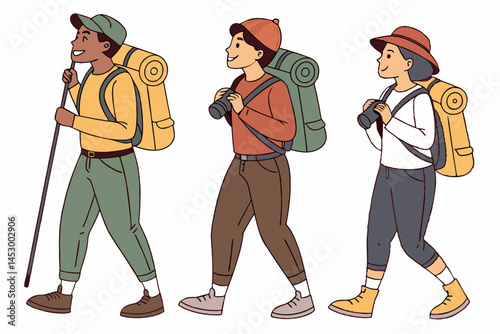 Three Happy Hikers Walking with Backpacks and Gear