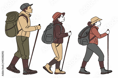 Three Hikers Walking with Backpacks and Trekking Poles