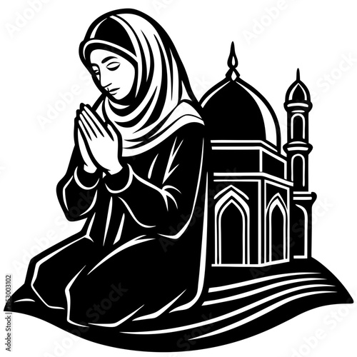 Muslim Woman in Hijab Praying Kneeling Before Mosque