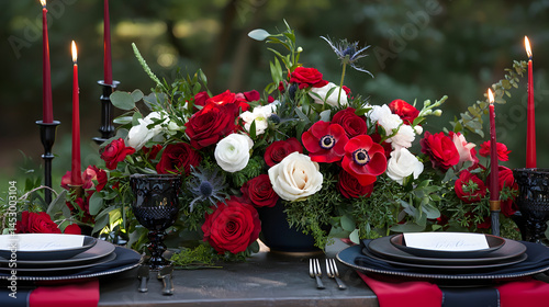 Patriotic table setup with red, white, and blue flowers, black tableware, and red candles creating elegant atmosphere