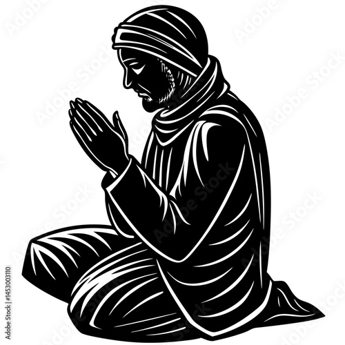 Black and White Illustration of a Man Kneeling in Prayer