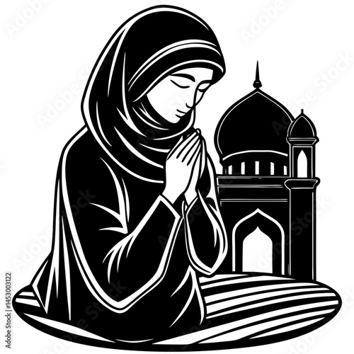 Muslim Woman Praying in Front of Mosque Black and White Illustration