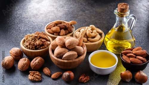 selection food sources of omega 3 and unsaturated fats superfood high vitamin e and dietary fiber for healthy food almond pecan hazelnuts walnuts and olive oil on stone background