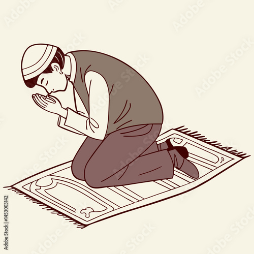 Muslim Man Praying on Prayer Mat Islamic Illustration
