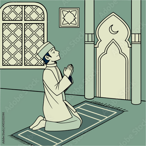 Muslim Man Praying in Mosque Illustration