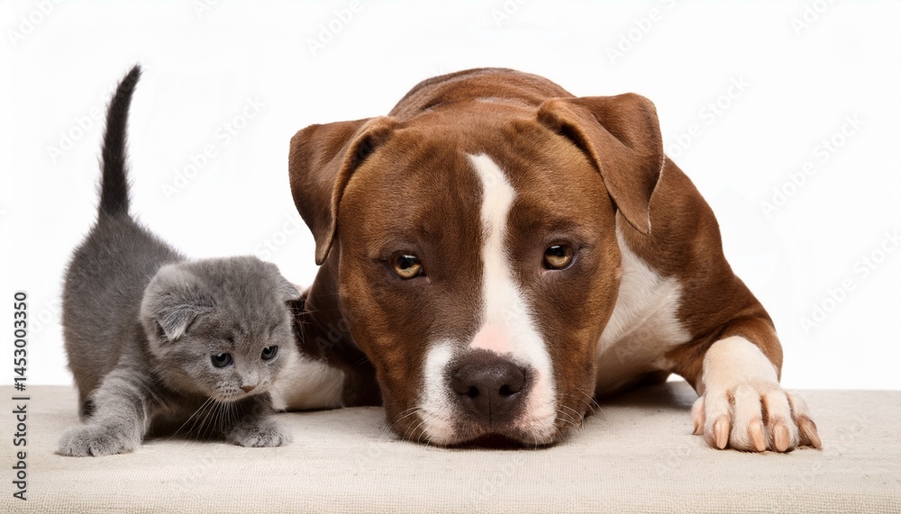 Obraz premium american staffordshire terrier dog with little kitten