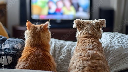 Cat and Dog Watching TV: A cat and dog sitting on a sofa, intently watching a television show together.
