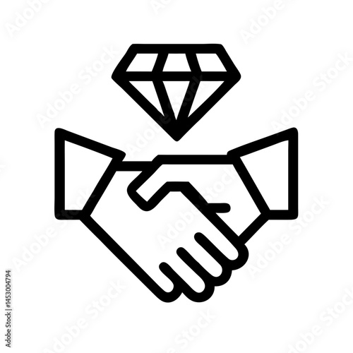 Diamond Handshake Outline Icon: A black outline icon of a handshake with a diamond, symbolizing trust, lucrative business deals, and successful partnerships.