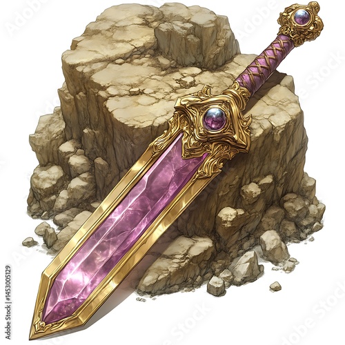 A bejeweled sword lays on a rocky surface ready for battle