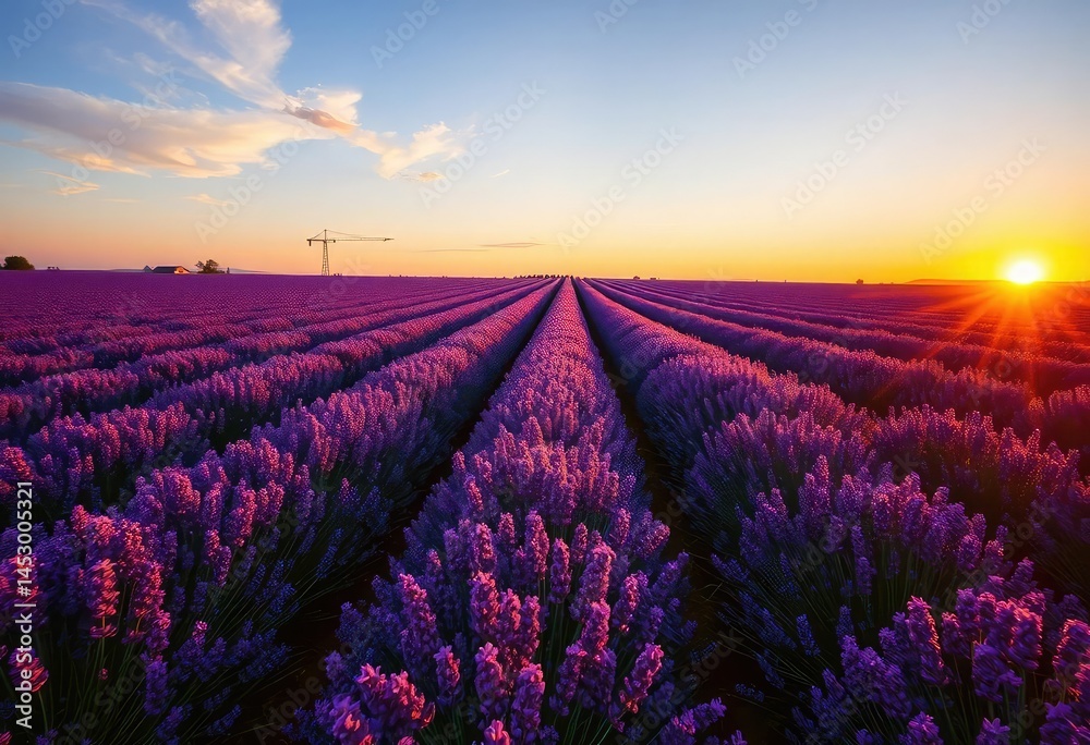 Obraz premium Endless lavender rows bathed in sunset's golden light, Provence, aromatherapy