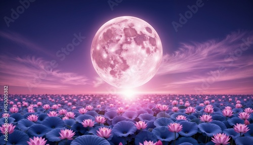 Full moon rising above endless field of glowing pink lotus flowers in surreal purple sky, peaceful fantasy landscape with spiritual symbolism