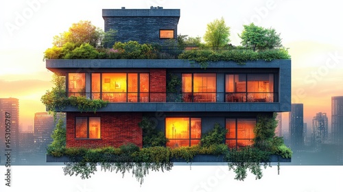 Modern eco-friendly building with vibrant sunset, showcasing urban greenery and city skyline