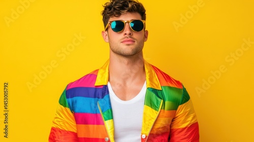 Vibrant Young Man in Colorful Jacket against Bright Yellow Background