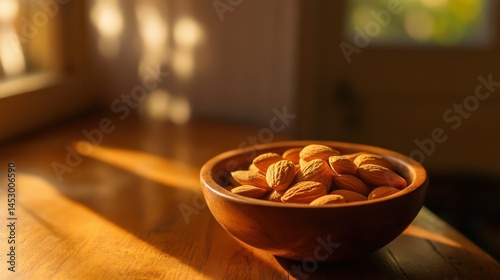 Bowl of almonds in warm natural light showcasing nuts freshness and texture