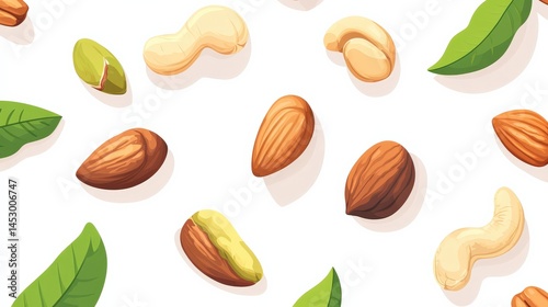 Colorful assortment of nuts and leaves on white background with vibrant visual appeal