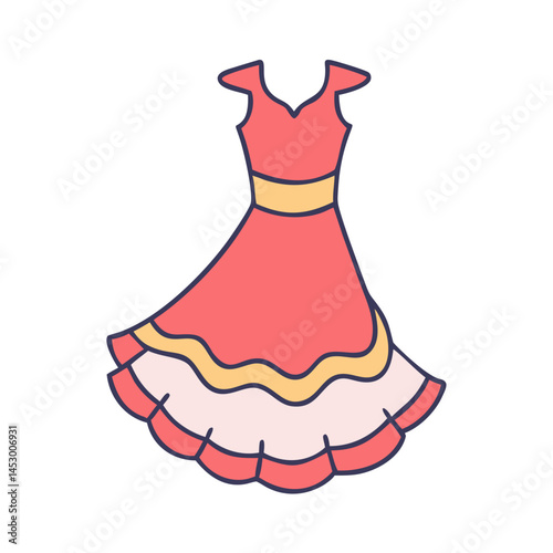 Illustration of a red dress with yellow belt and frills fashion apparel clothing garment