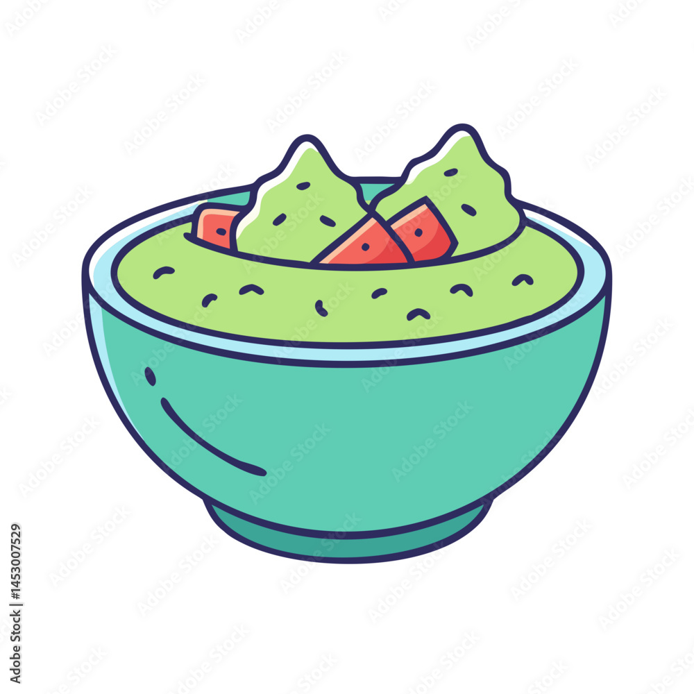 Fototapeta premium Delicious guacamole bowl with fresh avocado and tomatoes, mexican dip recipe illustration
