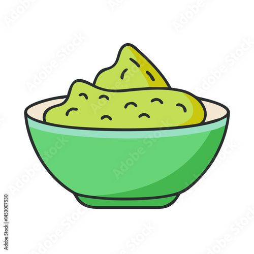 Delicious guacamole dip in green bowl vector illustration for mexican food and healthy snacks