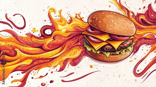 Vibrant burger illustration with dynamic flames and bold colors