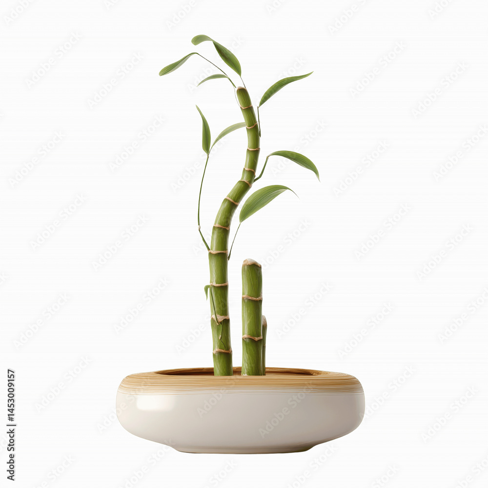 Fototapeta premium Serene Bamboo Plant in Modern Ceramic Pot Against a Striped Transparent background