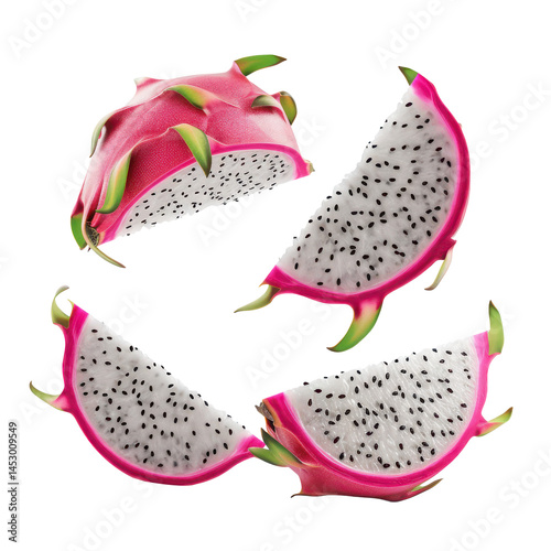 Four mid-air slices of dragon fruit with white pulp showcasing vibrant color and fresh texture, Isolated Transparent Background photo