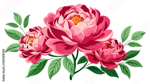 Beautiful floral arrangement featuring pink peonies bouquet design with green leaves artwork vector